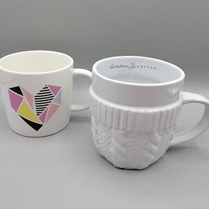 Caribou Coffee White Mug Lot - Geometric Heart, Embossed Knit Cozy